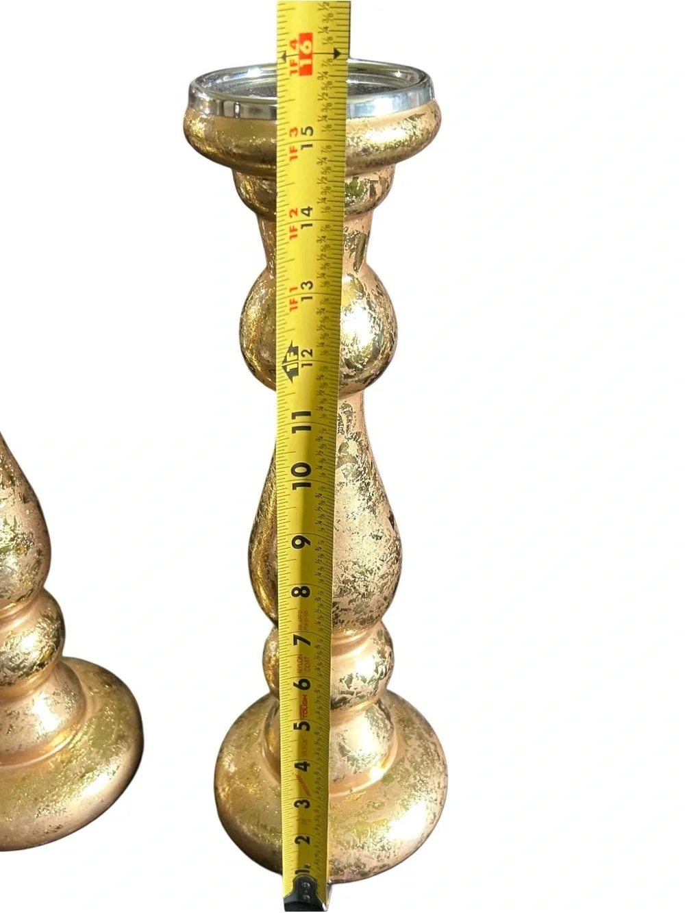 15.5” Candle Pillar Set Glass Textured Gold New